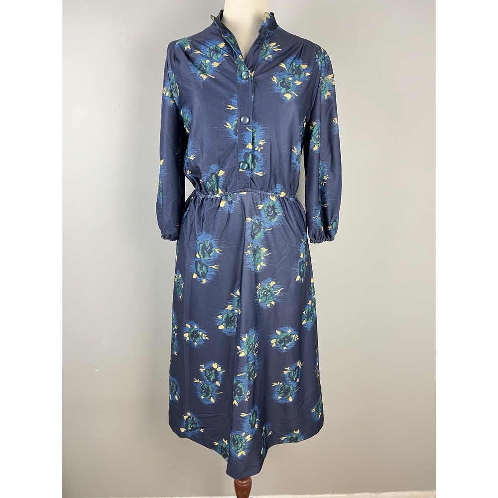 Vintage 70s/80s Midi Dress Womens Small Navy Blue Floral Printed Polyester
